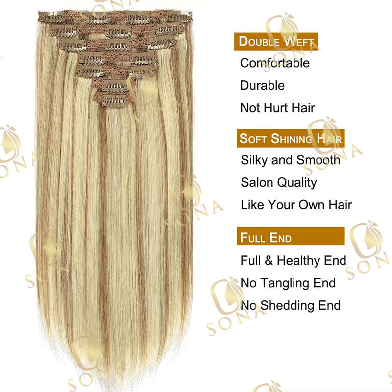Sona 20 Inch Clip in Hair Extensions Straight Human Hair Highlight Blonde Seamless Clip Ins for Women&nbsp;