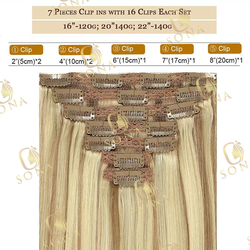 Sona 20 Inch Clip in Hair Extensions Straight Human Hair Highlight Blonde Seamless Clip Ins for Women&nbsp;