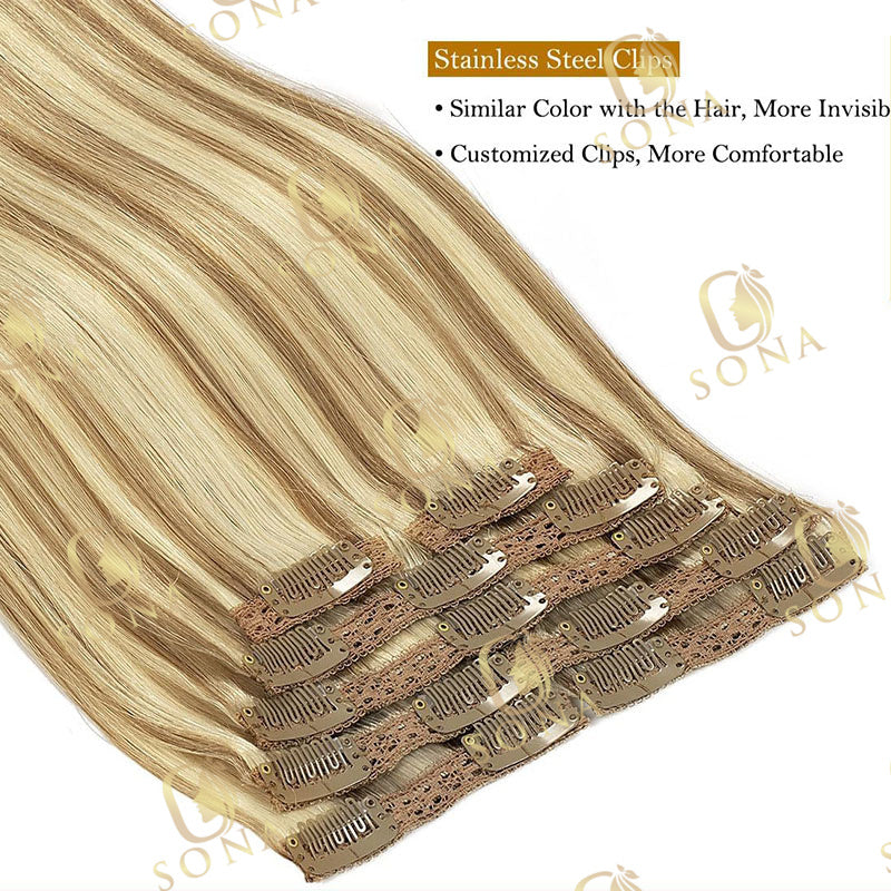 Sona 20 Inch Clip in Hair Extensions Straight Human Hair Highlight Blonde Seamless Clip Ins for Women&nbsp;